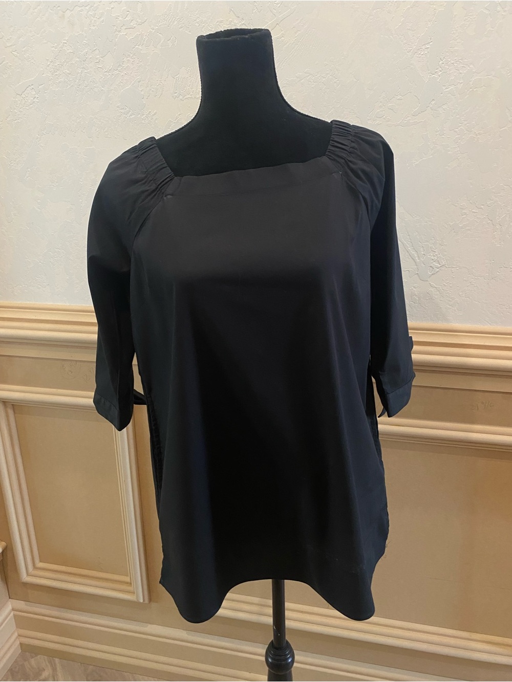 INAE Black Square-Neck Tunic with Gathered Shoulders